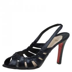 Pre Owned Christian Louboutin Black Embossed Snakeskin Leather Slingback Sandals Size 40.5