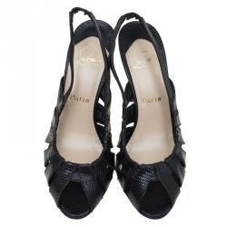 Pre Owned Christian Louboutin Black Embossed Snakeskin Leather Slingback Sandals Size 40.5
