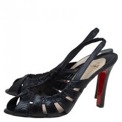 Pre Owned Christian Louboutin Black Embossed Snakeskin Leather Slingback Sandals Size 40.5
