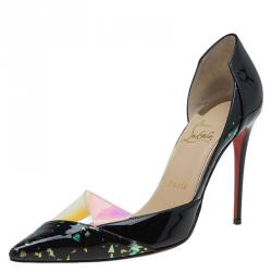 Pre Owned Christian Louboutin Black Patent And PVC Tac Clac D'Orsay Pumps Size 38