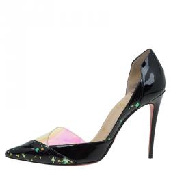 Pre Owned Christian Louboutin Black Patent And PVC Tac Clac D'Orsay Pumps Size 38