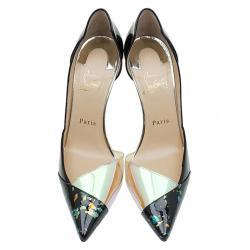 Pre Owned Christian Louboutin Black Patent And PVC Tac Clac D'Orsay Pumps Size 38