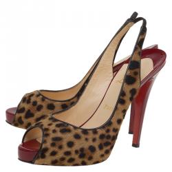 Pre Owned Christian Louboutin Leopard Print Pony Hair Peep Toe Slingback Sandals Size 40