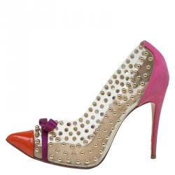 Pre Owned Christian Louboutin Multicolor PVC Suede and Patent Studded Bille Et Boule Pumps Size 37