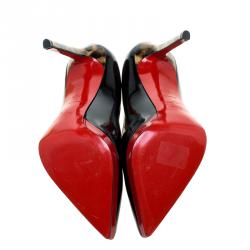 مملوكة مسبقًا حذاء كعب عالي كريستيان لوبوتان بيغالي بلاتو جلد أسود لامع/نقشةالفهد مقاس 38.5