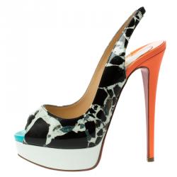 Pre Owned Christian Louboutin Multicolor Printed Patent Lady Peep Toe Platform Slingback Sandals Size 36.5