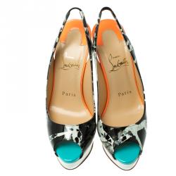 Pre Owned Christian Louboutin Multicolor Printed Patent Lady Peep Toe Platform Slingback Sandals Size 36.5
