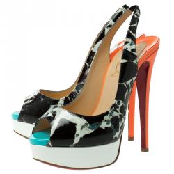 Pre Owned Christian Louboutin Multicolor Printed Patent Lady Peep Toe Platform Slingback Sandals Size 36.5