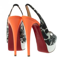 Pre Owned Christian Louboutin Multicolor Printed Patent Lady Peep Toe Platform Slingback Sandals Size 36.5