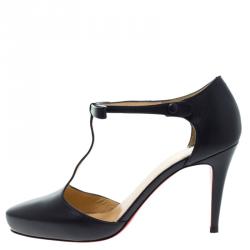 Pre Owned Christian Louboutin Navy Blue Leather Bow Detail T- Strap Pumps Size 39