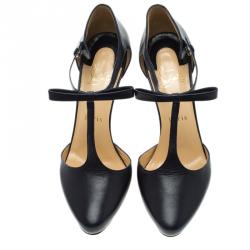 Pre Owned Christian Louboutin Navy Blue Leather Bow Detail T- Strap Pumps Size 39