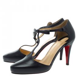Pre Owned Christian Louboutin Navy Blue Leather Bow Detail T- Strap Pumps Size 39