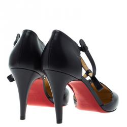 Pre Owned Christian Louboutin Navy Blue Leather Bow Detail T- Strap Pumps Size 39