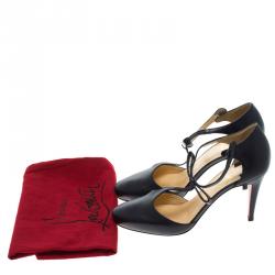 Pre Owned Christian Louboutin Navy Blue Leather Bow Detail T- Strap Pumps Size 39