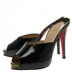 Pre Owned Christian Louboutin Black Leopard Print Patent Leather Sabotage Peep Toe Sandals Size 38.5