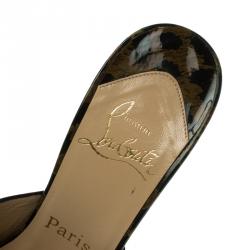 Pre Owned Christian Louboutin Black Leopard Print Patent Leather Sabotage Peep Toe Sandals Size 38.5