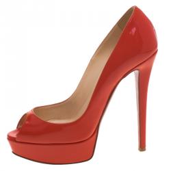 مملوكة مسبقًا Christian Louboutin Red Orange Patent Leather Lady Peep Toe Platform Pumps Size 36