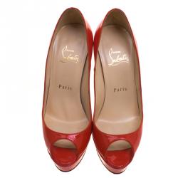 مملوكة مسبقًا Christian Louboutin Red Orange Patent Leather Lady Peep Toe Platform Pumps Size 36