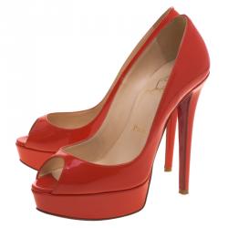 مملوكة مسبقًا Christian Louboutin Red Orange Patent Leather Lady Peep Toe Platform Pumps Size 36
