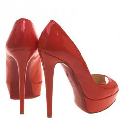 مملوكة مسبقًا Christian Louboutin Red Orange Patent Leather Lady Peep Toe Platform Pumps Size 36