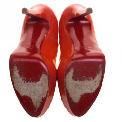 مملوكة مسبقًا Christian Louboutin Red Orange Patent Leather Lady Peep Toe Platform Pumps Size 36