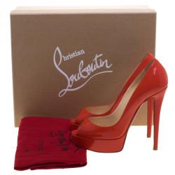 مملوكة مسبقًا Christian Louboutin Red Orange Patent Leather Lady Peep Toe Platform Pumps Size 36