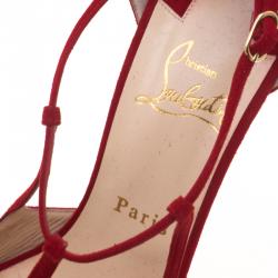 Pre Owned صندل كريستيان لوبوتان كوليبرتا سويدي أحمر حزام حرف T مقاس 39.5