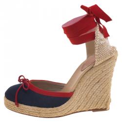 Pre Owned Christian Louboutin Two Tone Canvas Carino Plato Ankle Wrap Espadrille Wedge Sandals Size 38