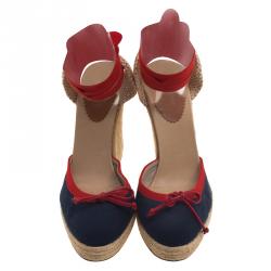 Pre Owned Christian Louboutin Two Tone Canvas Carino Plato Ankle Wrap Espadrille Wedge Sandals Size 38