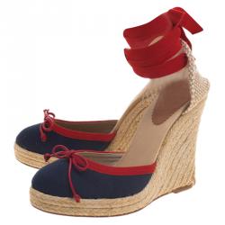 Pre Owned Christian Louboutin Two Tone Canvas Carino Plato Ankle Wrap Espadrille Wedge Sandals Size 38