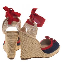 Pre Owned Christian Louboutin Two Tone Canvas Carino Plato Ankle Wrap Espadrille Wedge Sandals Size 38