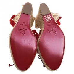 Pre Owned Christian Louboutin Two Tone Canvas Carino Plato Ankle Wrap Espadrille Wedge Sandals Size 38