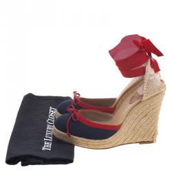 Pre Owned Christian Louboutin Two Tone Canvas Carino Plato Ankle Wrap Espadrille Wedge Sandals Size 38