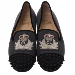 Pre Owned Christian Louboutin Grey Flannel Intern Spike Loafers Size 39