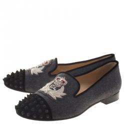 Pre Owned Christian Louboutin Grey Flannel Intern Spike Loafers Size 39