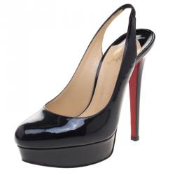 Pre Owned Christian Louboutin Black Patent Leather Bianca Platform Slingback Sandals Size 36