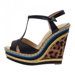 Pre Owned صندل كريستيان لوبوتان تروتوليتا جلد أسود سير حرف T  نعل روكي مقاس 39