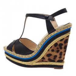 Pre Owned صندل كريستيان لوبوتان تروتوليتا جلد أسود سير حرف T  نعل روكي مقاس 39