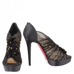 Christian Louboutin Black Satin Ruffled Peep Toe Ankle Boots Size 38.5