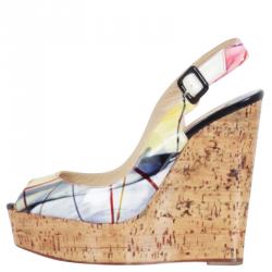 Christian Louboutin Multicolor Printed Une Plume Cork Slingback Wedges Size 37.5