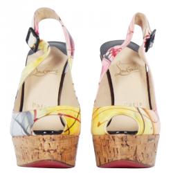 Christian Louboutin Multicolor Printed Une Plume Cork Slingback Wedges Size 37.5
