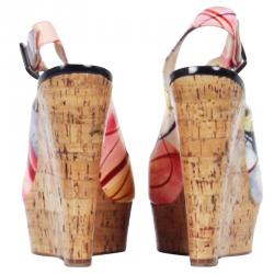 Christian Louboutin Multicolor Printed Une Plume Cork Slingback Wedges Size 37.5