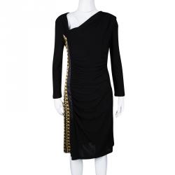 Pre Owned Class by Roberto Cavalli Black Contrast Print Panel Detail Draped Long Sleeve Dress M