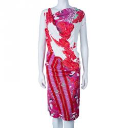 Pre Owned فستان كلاس باي روبيرتو كافالي بدون أكمام طبع أبيض ووردي M