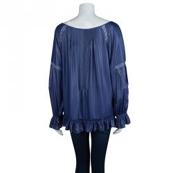 Pre Owned Class By Roberto Cavalli Blue Metallic Finish Pintucked Lace Insert Long Sleeve Blouse L