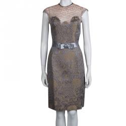 Class by Roberto Cavalli Multicolor Floral Brocade and Lace Belted Sleevless Dress M             