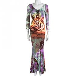 Pre Owned فستان ماكسي كلاس باي روبرتو كافالي تريكو نمر مطبوع أكمام طويلة S