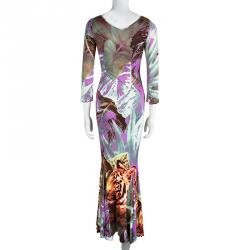 Pre Owned فستان ماكسي كلاس باي روبرتو كافالي تريكو نمر مطبوع أكمام طويلة S