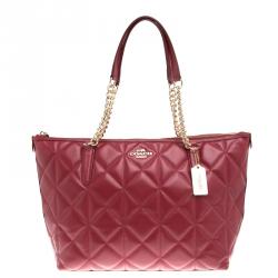 Pre Owned Coach Red Quilted Leather Ava Chain Tote