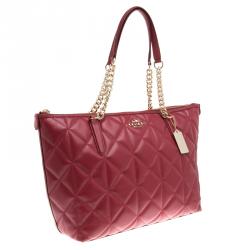 Pre Owned Coach Red Quilted Leather Ava Chain Tote